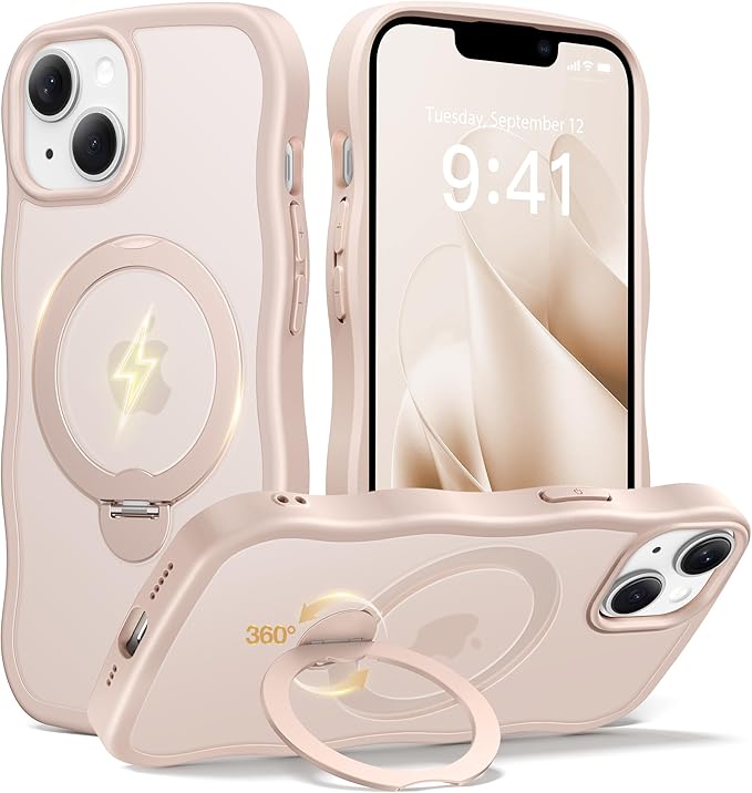 CAPRARO for iPhone 13 Case & iPhone 14 Case with 360° Spin Magnetic Stand for Women, [Compatible with MagSafe] [Camera Protection] Cute Wave Translucent Matte Case for iPhone 13/14, Rose Gold