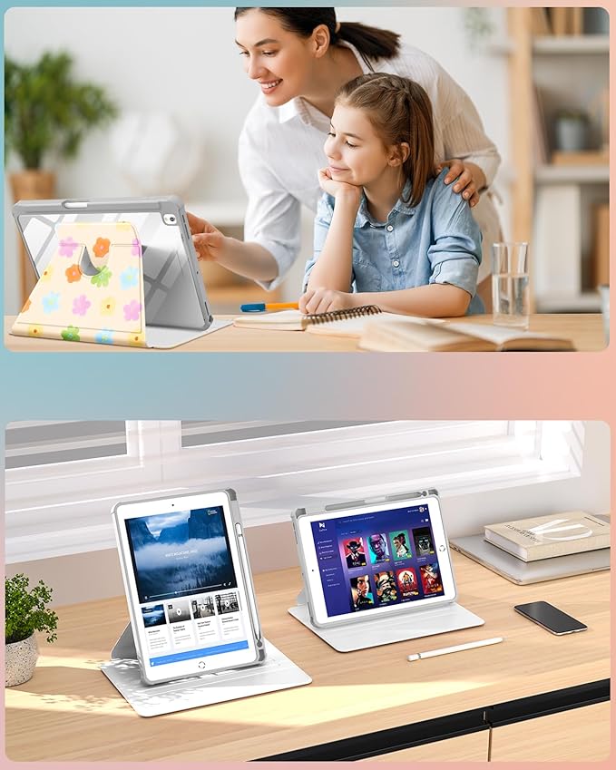 Uppuppy for iPad 9th/8th/7th Generation Case for iPad Air 3rd/ Pro 10.5” Case - 360 Rotating Stand Folio Smart Cover with Pencil Holder for Women, Colorful Flower for Apple Tablet 7/8/9 Gen 10.2 inch