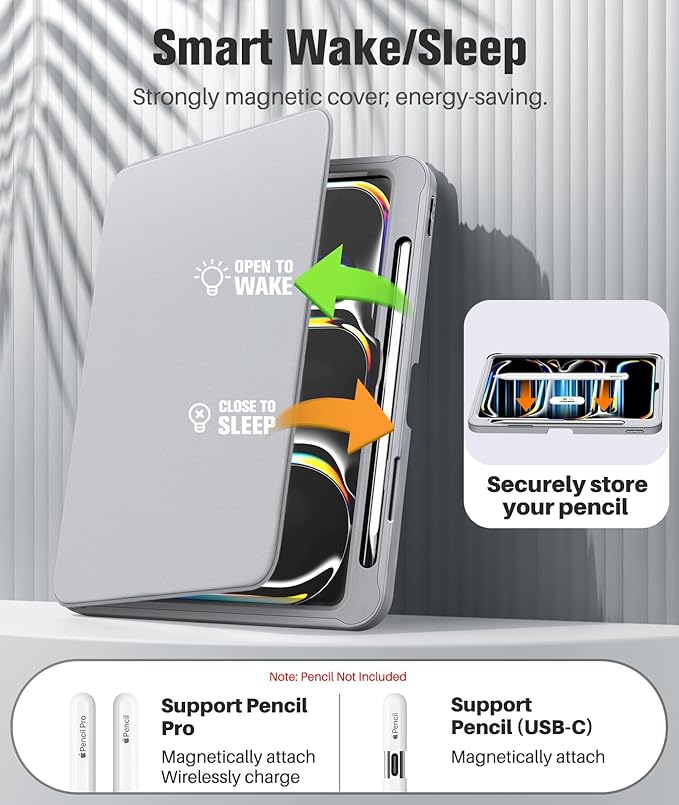 MoKo for iPad Pro 11 Inch Case (M5/M4) 2025/2024 with Pencil Holder, [Built-in Screen Protector], iPad Pro 11 M5/M4 Case with Clear Back & Magnetic Multi Angle Stand Cover, Light Gray