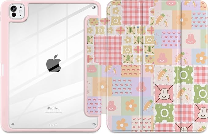 Case for iPad Pro 13 inch (M5) 2025 (M4) 2024 Release Slim Lightweight Cute Light Pink Cover with Clear Back TPU Edge Pencil Holder Trifold Stand, Cute Bunny