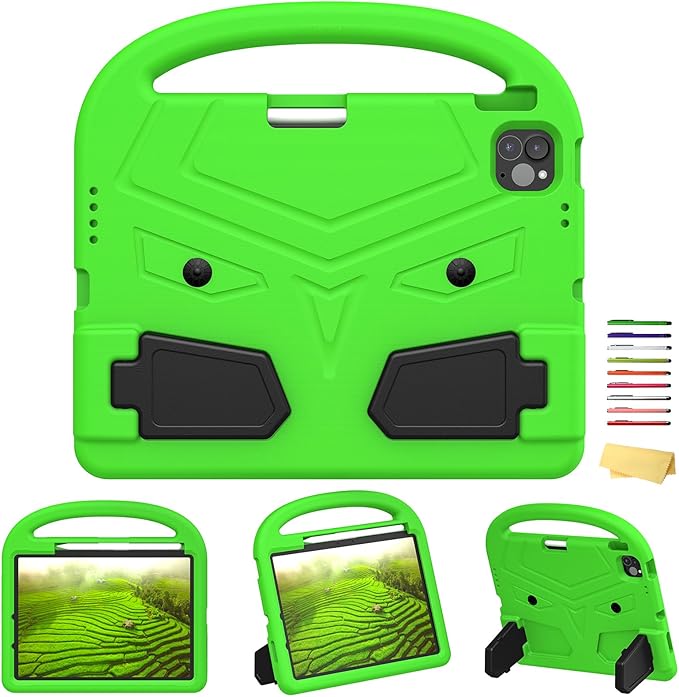 Kids Case for Apple iPad Pro 11 inch M5/M4 Tablet (2025/2024) with Pencil Holder/Handle/Kickstand Slim Lightweight Cute Soft EVA Foam Shockproof Stand Cover for Boys Girls Teens, Green Bird