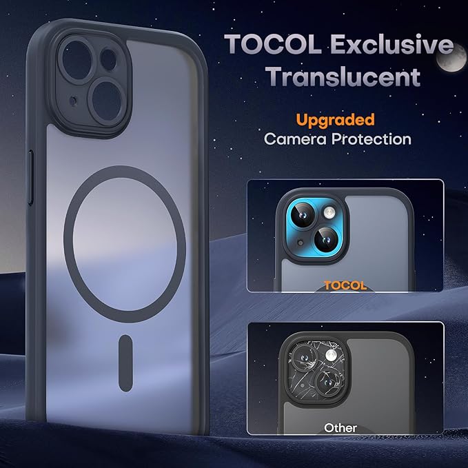 TOCOL Magnetic for iPhone 15 Case, Upgraded Full Camera Protection, Compatible with Magsafe, Drop Protection, Translucent Matte Back Bumper Phone Cover 6.1-Inch（Matte Black）