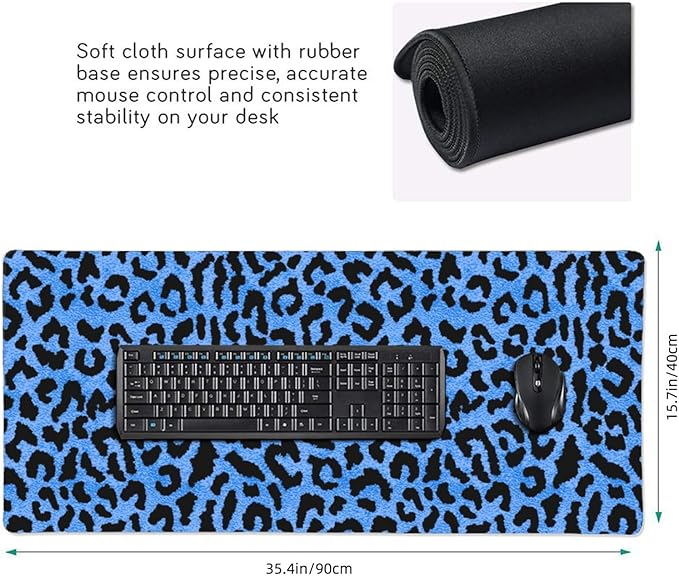 Blue Leopard Skin Print Mouse Pads XXL Extended Mousepad with Stitched Edges Non-Slip Rubber Base Computer Keyboard Pad Desk Mat for Home Office Desk Decor, 35.4" X 15.7"