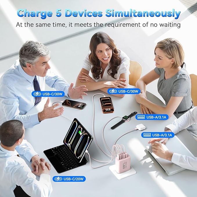 USB C Charging Blocks, 60W USBC Wall Fast Charger Block, Type C Phone USB C Charger Fast Charging Brick, 5-Port Multiport Charger Plug Power Adapter for Phone 17/16/15/14/13 Pro Max, Pad, S25-Pink