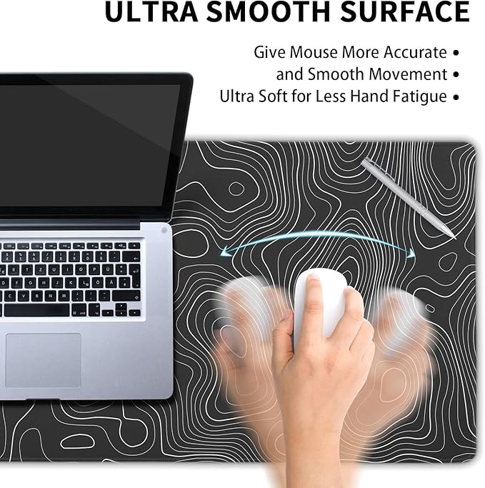 Topographic Map Large Mouse Pad XL Black Lines Contour Geographic Extended Large Desk Mat Big Desk Pad 80X30 CM Non-Slip Rubber Base Stitched Edge Long Mousepad,31.5×11.8 Inch