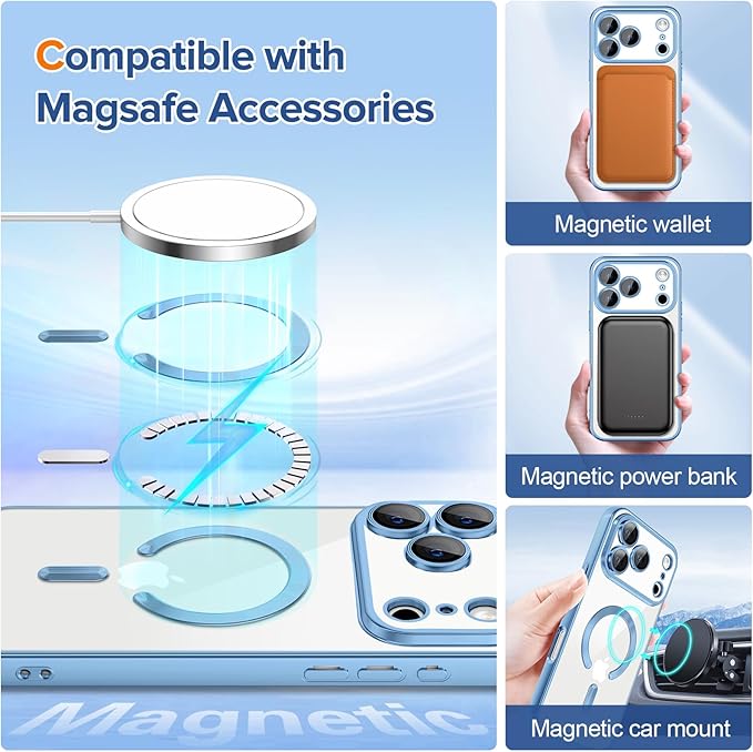 Hython Magnetic Clear for iPhone 17 Pro Case with Camera Lens Protector [Compatible with MagSafe] Luxury Plating Edge Slim Soft TPU Cover Protective Phone Case for iPhone 17 Pro, Matte Light Blue