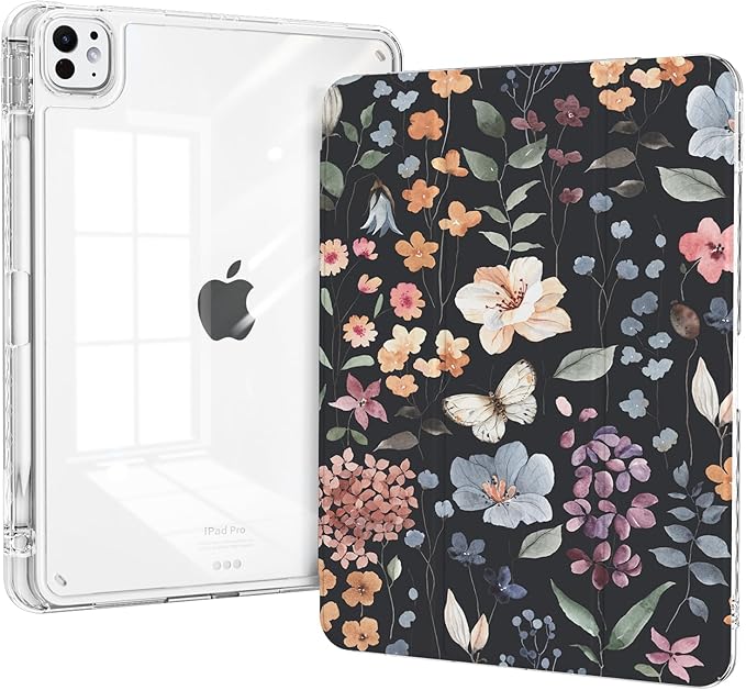 for iPad Air 13 Inch 2026/2025/2024 (M4/M3/M2) Case, iPad Pro 12.9-inch 6th/5th/4th/3rd Generation Case, Trifold Stable Stand Protective Clear Back Cover with Pencil Holder, Black Flower