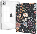 for iPad Pro 11-inch Case M5 (2025) Chip, Slim iPad Pro 11 M4 (2024) Case with Pencil Holder, Trifold Stable Stand, Transparent Shockproof Back Cover Full Protection, Black Flower