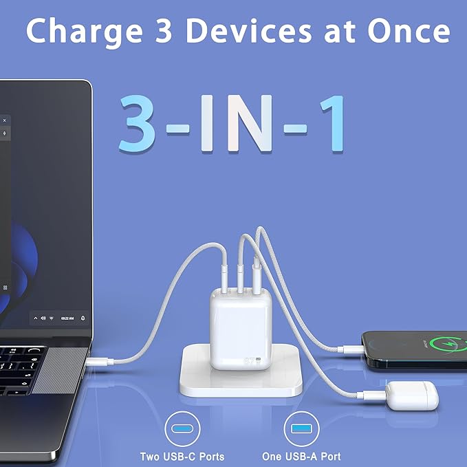 67W USB C Wall Charger, 3-Port GaN Fast Charger Block,Replacement for MacBook Pro/Air, iPad, iPhone 15/14/Pro, Galaxy, Pixel, Apple Watch and More