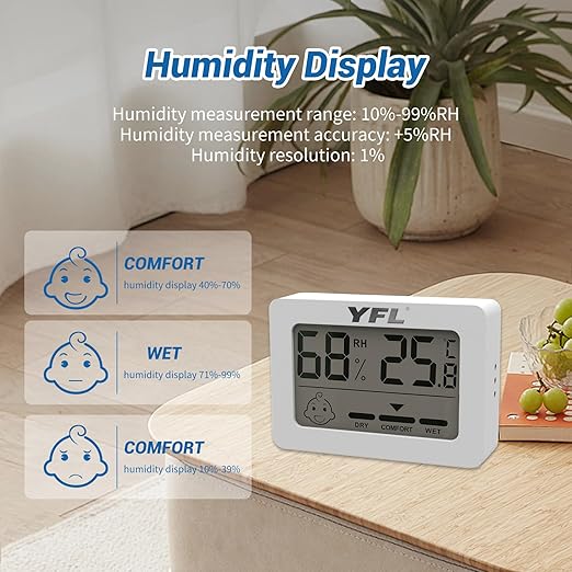 YFL Digital Hygrometer Thermometer,Indoor Thermometer with Comfort Indicator,Pratical Room Temperature Monitor Thermometer for Home, Office, Greenhouse, Cellar(White)