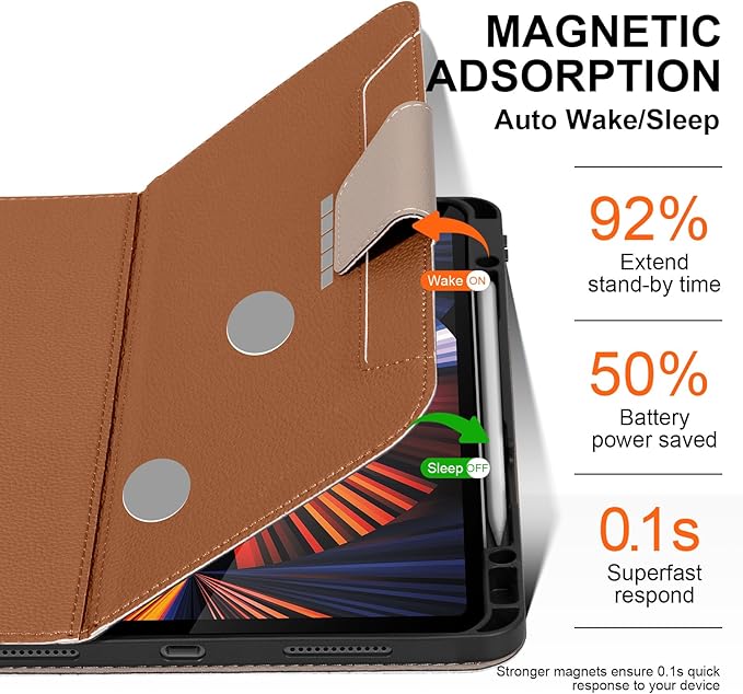 for iPad Pro 12.9" 6/5/4/3rd Generation Case 2022/2021/2020/2018, Smart Leather Folio Stand Cover with Buckle with Built-in Apple Pencil Holder & Auto Wake/Sleep & Multi Viewing Angles, Brown