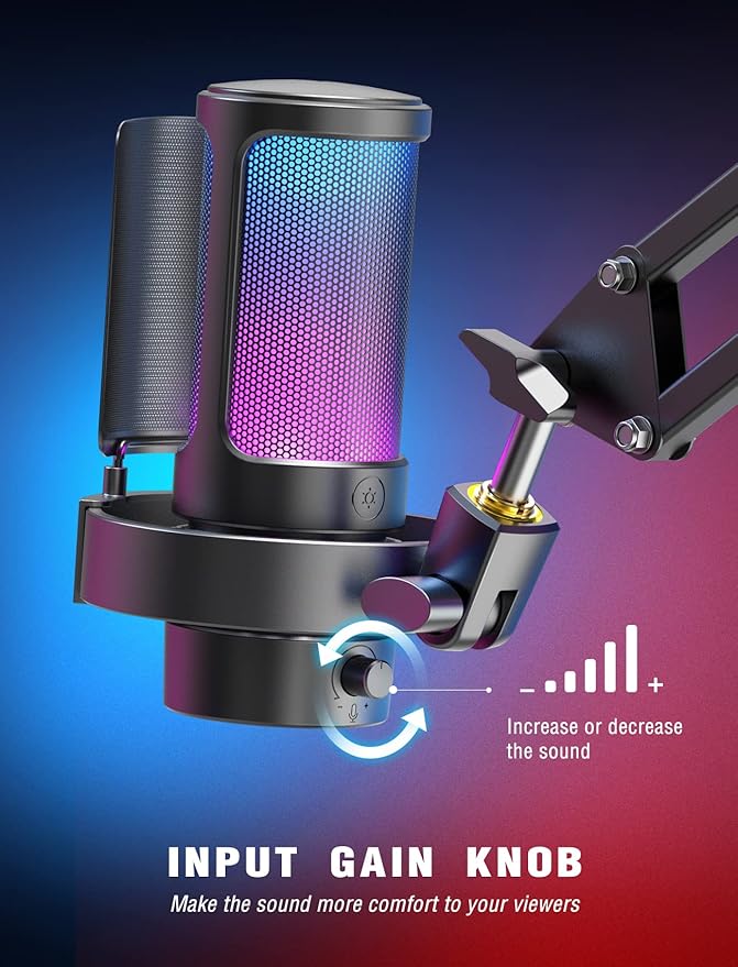 FIFINE Gaming Microphone, USB PC Mic for Streaming, Podcasts, Recording, Condenser Computer Desktop Mic on Mac, with RGB Control, Mute Touch, Headphone Jack, Pop Filter, Stand-AmpliGame A8