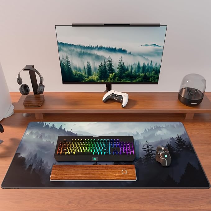 KTRIO Large Gaming Mouse Pad Desk Mat, Superior Micro-Weave Cloth, Non-Slip Rubber Base, Stitched Edges, Water-Resistant, for Gamer, Office & Home, 31.5 x 15.7 Inch，Cloud Forest