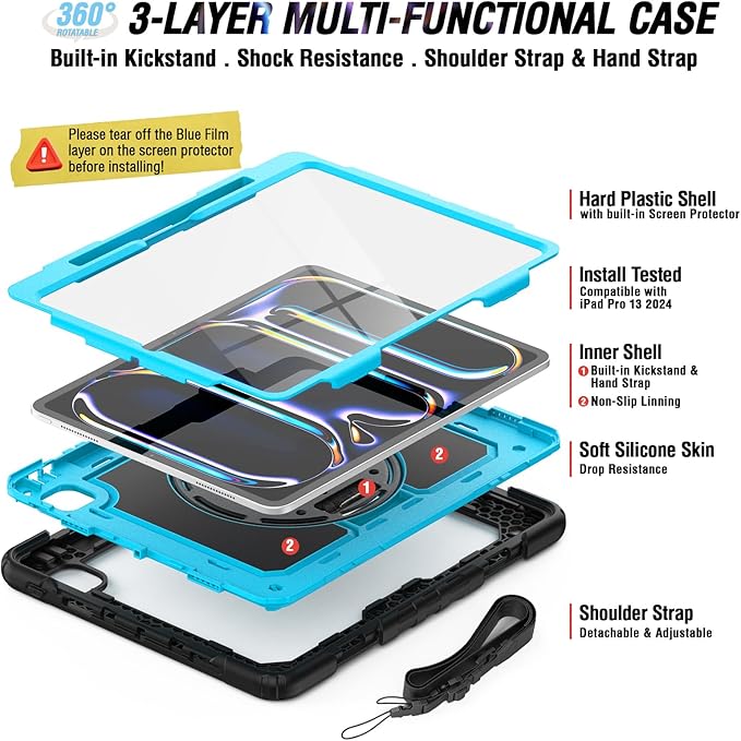Case Compatible with iPad Pro 13 Inch Case M4 with Screen Protector Pen Holder | Case for iPad Pro 7th Gen Model A2925/A2926/A3007 | Heavy Duty Rugged Case W/Stand Hand Shoulder Strap