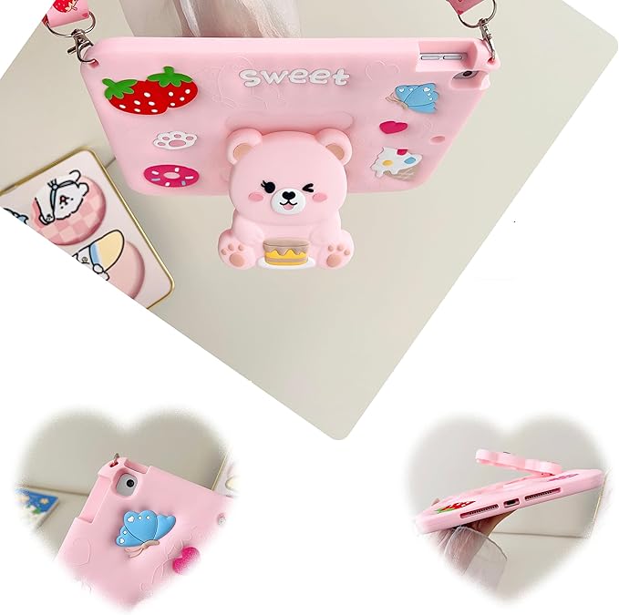 for iPad 9th/8th/7th Generation Case Kids - 10.2 inch Soft Silicone iPad Air 3rd Gen 10.5"(2019) Cover with Pencil Holder,Shoulder Strap & Stand for School,Cute Bear Gift for Teen Girls