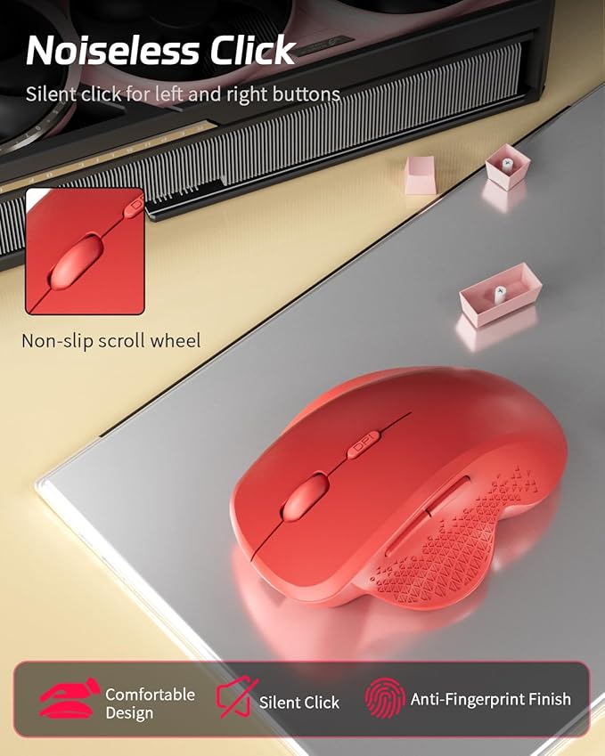 Uiosmuph G09 Bluetooth Wireless Mouse, BT5.1 & 2.4Ghz Rechargeable Computer Mouse with USB Receiver and Type C Adapter, Ergonomic Bluetooth Mice for Laptop, iPad, Mac - Red
