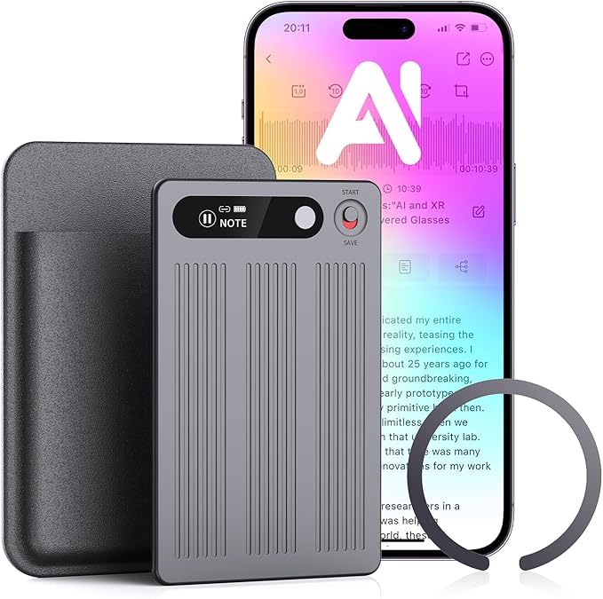 AI Voice Recorder with Transcribe＆Summarize, App Control Audio Recorder Support Al Noise Cancellation Technology with 80+ Languages, Note Taker with 64GB Memory, Audio Device for Meeting, Call, Grey