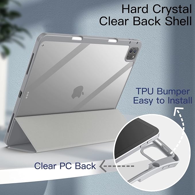 JETech Case for iPad Pro 12.9-Inch (2022/2021/2020/2018) with Pencil Holder, Clear Transparent Back Shell Slim Stand Shockproof Tablet Cover, Auto Wake/Sleep (Silver)