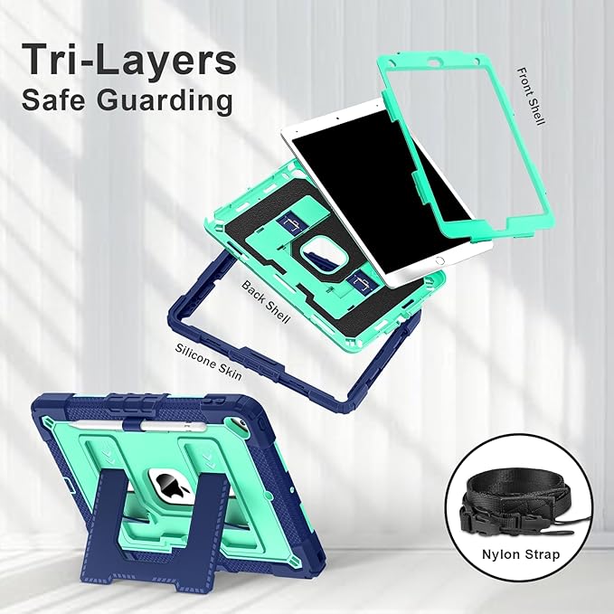 Kids Friendly Case for Apple iPad 10.2" 9th 8th 7th Generation 2021/2020/2019 Case with Pencil Holder & Shoulder Strap, Military Grade Shockproof Kickstand Hard Shell Protective Cover,Blue+Mint