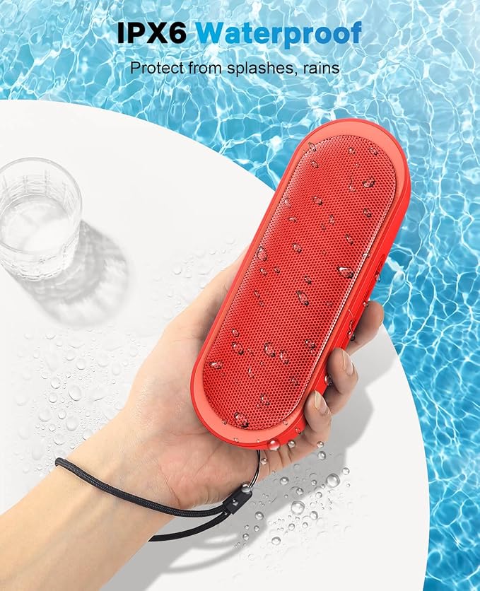 LENRUE Bluetooth Speakers, Waterproof Portable Speakers with TWS, 24 Playtime, Stereo Sound, Wireless for Home Shower Pool Beach Outdoor (Red)