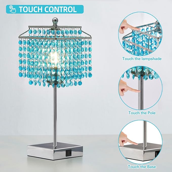 Luvkczc Crystal Table Lamp with Touch Control, Bedside Crystal Table Lamp with USB C+A Ports, Dimmable Lamp for Girls Bedroom, Living Room, Light Blue & B11 LED Bulb Included