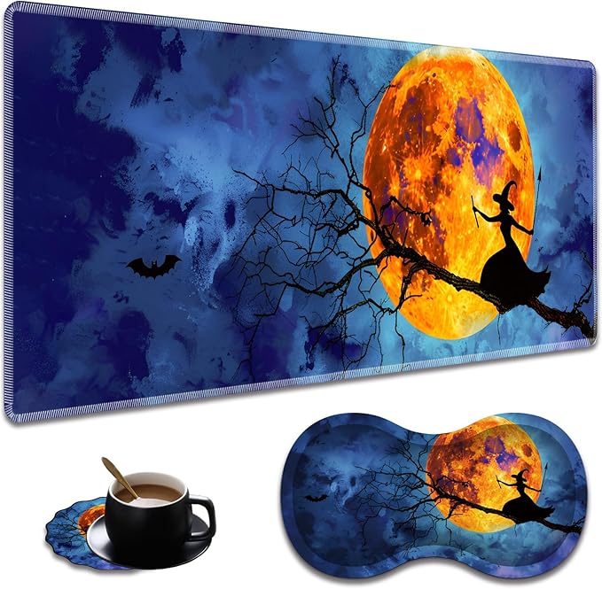 Ergonomic Halloween Witch Moon Extended Mouse Pad 31.5" x 11.8" Set, with Wrist Rest & Lace Coasters, Pain Relief Design, Non-Slip Desk Mat for Home & Gaming