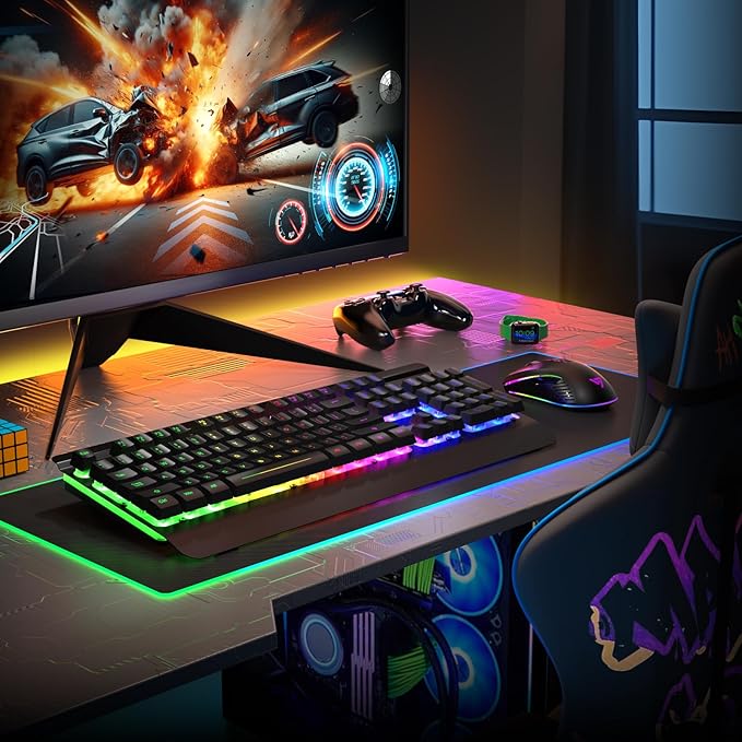 RisoPhy Wireless Gaming Keyboard and Mouse Combo, Metal Panel, 7 Color Backlits, Rechargeable 3200 mAh Battery, Wrist Rest, Sleep Mode, Light Up Keyboard + 7D 3200DPI Gaming Mice for PC Gamer