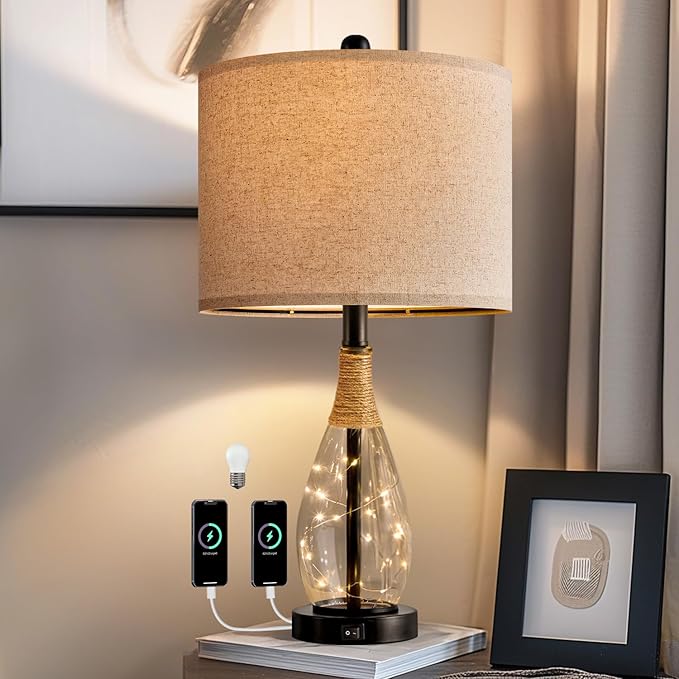 OYEARS Bedside Table Lamp with USB, 23‘’ Black Modern Nightstand Lamps for Bedroom, Retro Rattan Table Lamps for Night Stands, Living Room, Farmhouse Table Lamp with Glass Nightlight Lamps