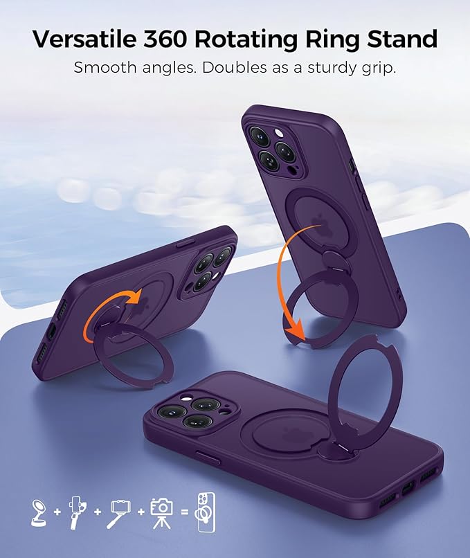 FNTCASE for iPhone 13 Pro Case: [360 Spin Magnetic Stand] [Compatible with Magsafe] [Screen Protector] Translucent Matte Military Grade Shockproof Full Camera Protective Phone Cover - Purple