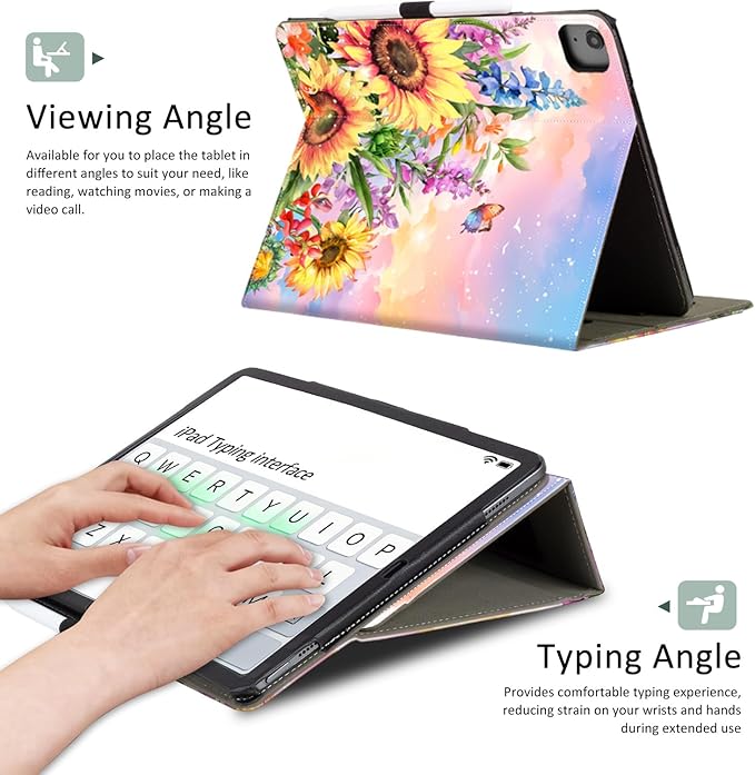 Lokigo Case for iPad Pro 13 Inch (M5/M4), for iPad Air 13 Inch (M4/M3/M2), for iPad Pro 12.9 Inch (6th/5th/4th/3rd) Gen, Typing Stand, Build with Pencil Holder/Card Pocket, Auto Wake/Sleep, Sunflower