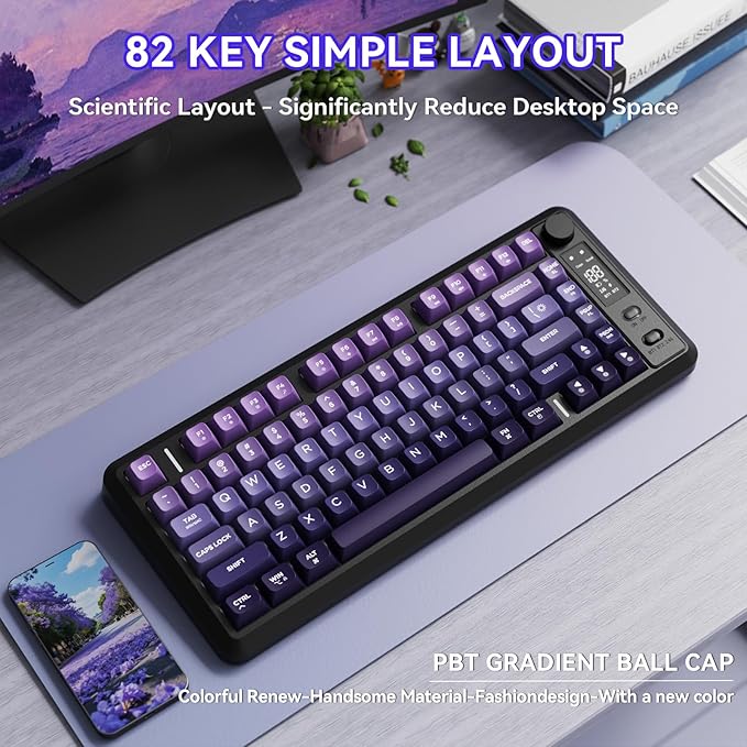 ZIYOU LANG M75 Wireless Gaming Keyboard, RGB Backlit Rechargeable 2000mAh Battery, Small Membrane But Mechanical Feel Keyboard with Smart Display & Knob, PBT Gradient keycaps for PC, MAC-Grape Purple