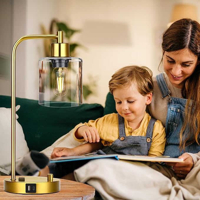 Gold Industrial Table Lamp with USB A+C Ports & Outlet, Fully Stepless Dimmable Modern Nightstand Lamp, Glass Shade Bedside Desk Lamp for Bedroom Living Room Office, 8W 2700K LED Edison Bulb Included