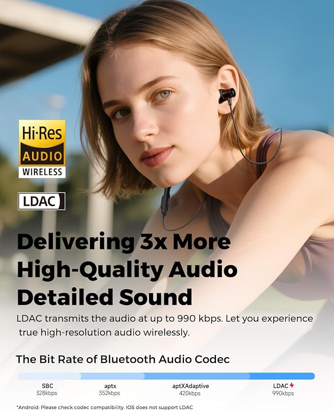 SoundPEATS Q40 HD Sports Neckband Headphones with LDAC Hi-Res Audio & Bluetooth 6.0 Stable Connection, IP67 Waterproof Wireless Earbuds, 20H Playtime for Running Gym, Fast Charge Dual Pairing,Black
