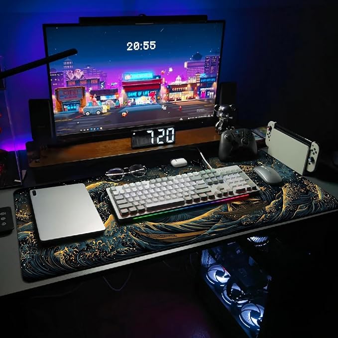 Extended Gaming Mouse Pad, Large Mouse Mat 3 mm Nature Rubber Base Mousepad with Stitched Edges, Non-Slip Desk Mat for Office Home Great Gift 31.5x11.8 Inch (Great Wave 2)