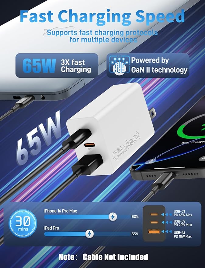 2Pack 65W USB C Charger Block, 3Port Fast Charging Adapter,Type C Fast Charging Blocks Cube PD USBC Wall Plug+QC3.0 USB A Charger Brick for MacBook Pro/Air,iPad,iPhone 17/16,Samsung S26/S25&More-White