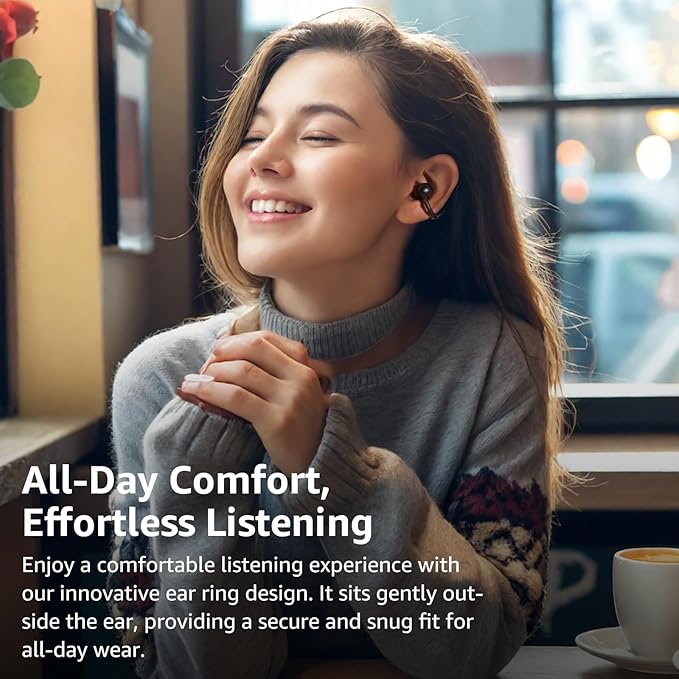 TOZO OpenEarRing True Open Ear Earbuds, Lightweight Comfort Open Ear Clip Wireless Earbuds, 40H Play Bluetooth 5.4 Headphones with Smart Digital Display Design Fit Sports Running, Workout Black