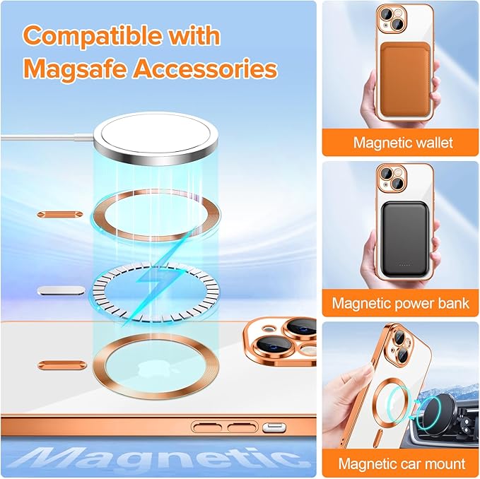 Hython Magnetic Clear for iPhone 15 Case with Camera Lens Protector [Compatible with MagSafe] Luxury Plating Edge Slim Soft TPU Cover Protective Phone Case for iPhone 15 6.1", Orange