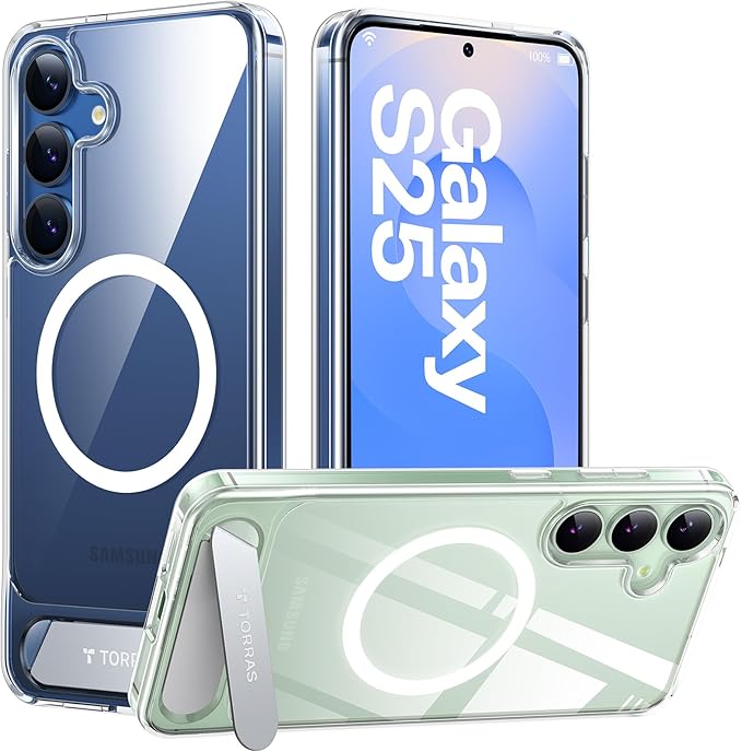 TORRAS Strong Magnetic & Seamless Stand for Samsung Galaxy S25 Case, Fit for MagSafe, Mil-Grade Drop Protection, Adjustable Kickstand for Samsung Galaxy S25 Case, Anti-Yellowing Diamond Clear