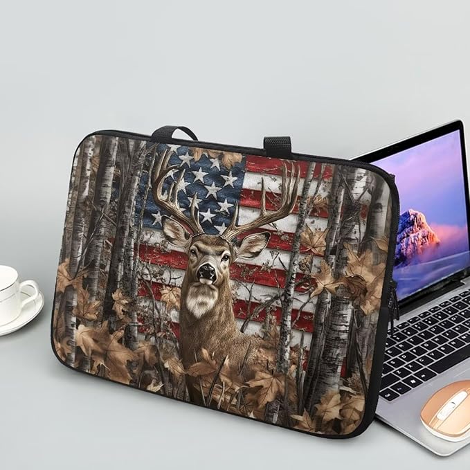 American Flag Deer Forest 12 Inch Laptop Sleeve for Men Women Portable Computer Bag with Handle Tablet Cover Laptop Tote Bag Carrying Case Handbag for Office Travel Business School