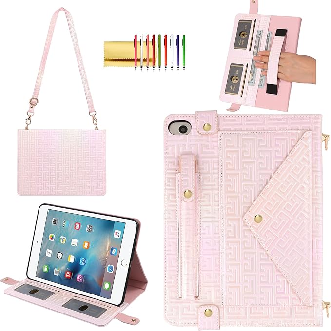Shiny Case for iPad mini 5/4/3/2/1, Mini 7.9" Handbag Case, Techcircle Iridescent PU Leather Folio Envelope Pocket Stand Cover with Hand Strap+Shoulder Strap+Pencil Holder+Card Slots, Shiny Pale Pink