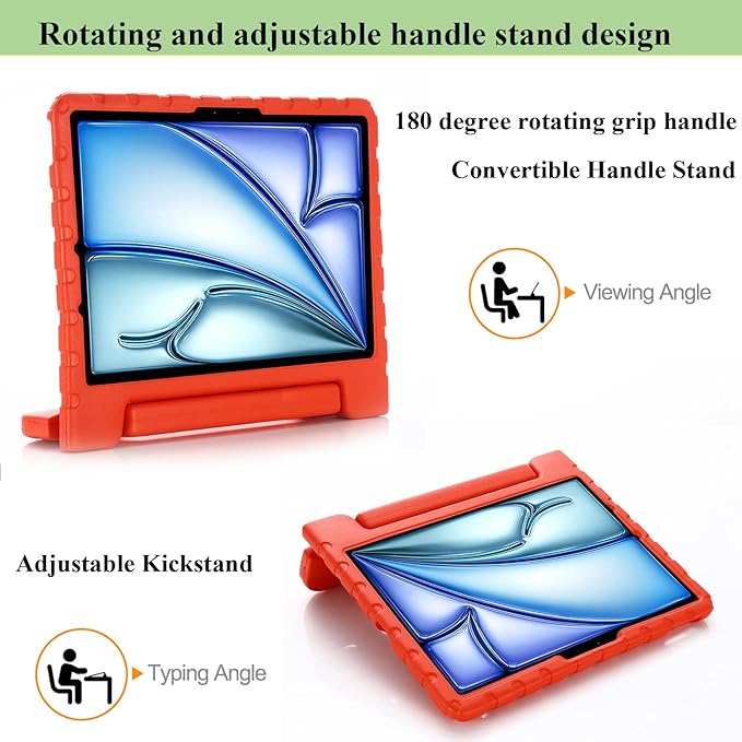 Kids Case for iPad Pro 11 inch M5/M4 (2025/2024) with Pencil Holder/Convertible Handle Stand Shockproof Slim Lightweight Cute Soft EVA Heavy Duty Rugged Kickstand Cover for Children, Red