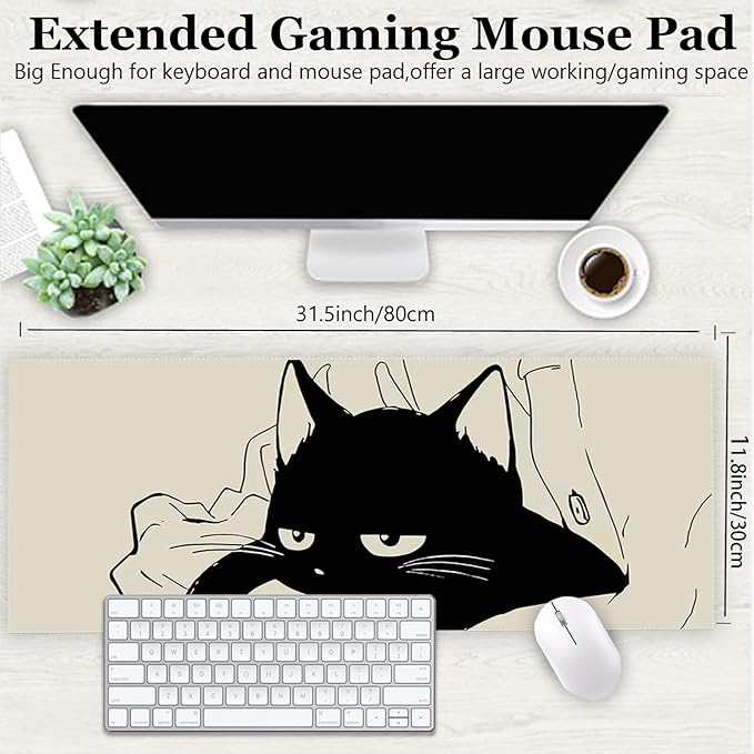 Gaming Mouse Pad XL Extended Anime Mouse Pad 31.5x11.8 inch, Large Cute Kawaii Big Computer Mouse Mat Desk Pad with Non-Slip Rubber Base and Stitched Edge for Home Office-Black Cat