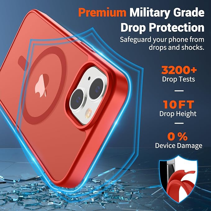 SUPFINE Magnetic for iPhone 14 Case & iPhone 13 Case (Compatible with MagSafe)(Military Grade Drop Protection) Slim Translucent Matte Shockproof Phone Cover,Red