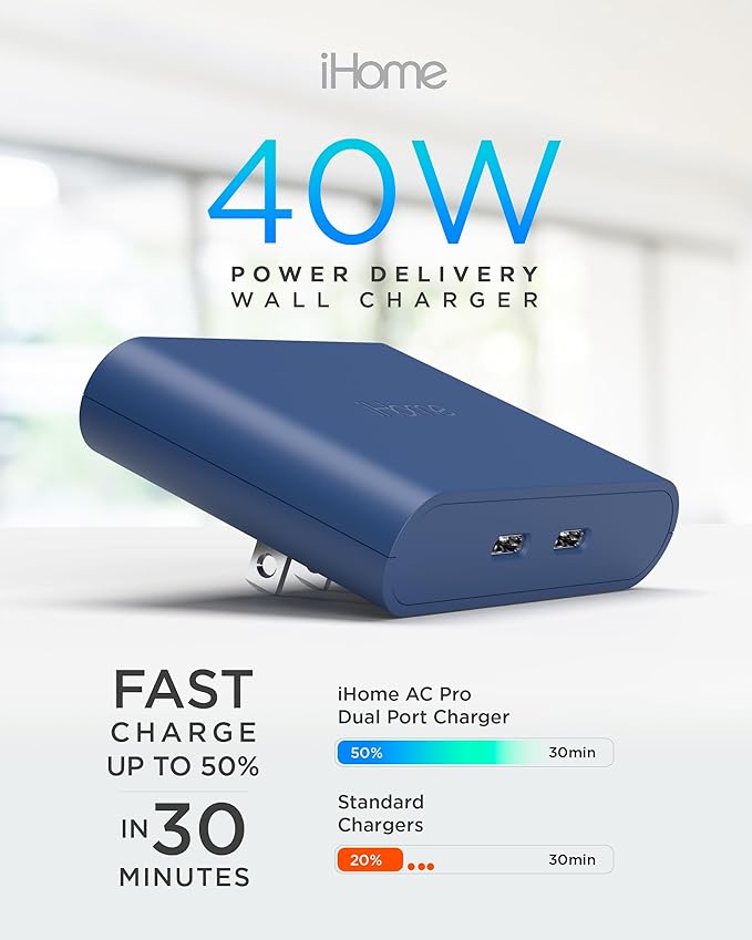 iHome Multiport 40W USB-C Charger, AC Pro 2-Port Flat Block, Dual Fast Charging Wall Adapter