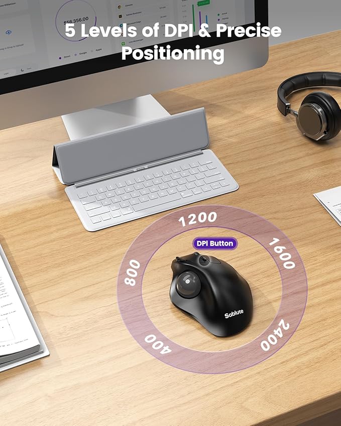 SABLUTE MAM2 Wireless Trackball Mouse with 5-Level DPI, Ergonomic Mouse 2.4G Plug-and-Play for 3 Devices (Bluetooth or USB Receiver), 500mAh Battery, Compatible with PC/Laptop/Mac/Windows-Grey Ball