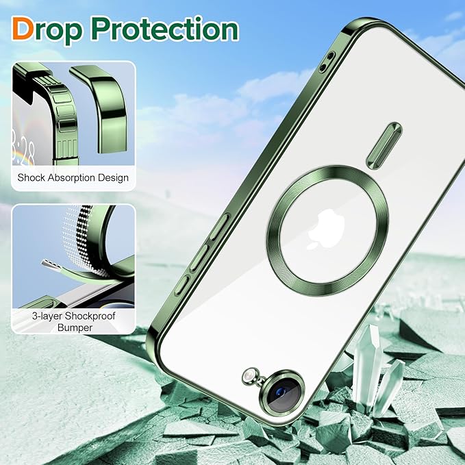 Hython Magnetic Clear for iPhone 16e Case with Camera Lens Protector [Compatible with MagSafe] Luxury Plating Edge Slim Soft TPU Cover Protective Phone Case for iPhone 16e 6.1", Deep Green