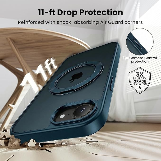 360°Ring Stand for iPhone 16E/17E Case with 2X Screen Protector,Fit for MagSafe, Anti-Yellowing & Scratch-Resistant Back Phone Case for iPhone 16E/17E 6.1", Blue