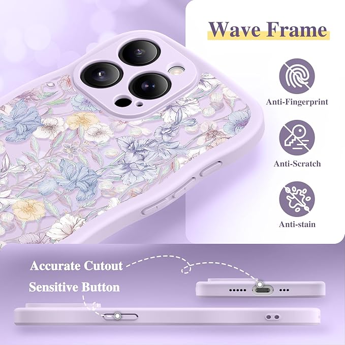 GVIEWIN for iPhone 15 Pro Case Compatible with MagSafe [Curly Wave Edge][Full Camera Protection] Floral Translucent Shockproof Magnetic Women Phone Case for iPhone 15 Pro 6.1'', Apricot Blossom/Purple
