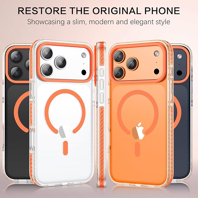 BENTOBEN Magnetic for iPhone 17 Pro Case 6.3", Compatible with Magsafe Military Shockproof Protective Cute Transparent Slim Anti-Yellowing Phone Case for iPhone 17 Pro Cover, Clear Orange