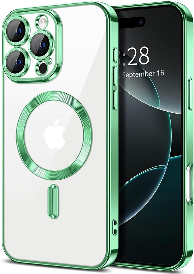 Hython Magnetic Clear for iPhone 16 Pro Case with Camera Lens Protector [Compatible with MagSafe] Luxury Plating Edge Slim Soft TPU Cover Protective Phone Case for iPhone 16 Pro 6.3", Light Green
